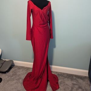 Source Unknown Red Draped One-Shoulder Long Sleeve Gown